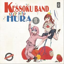 Rule 34 | 2girls, album cover, album cover redraw, bocchi the rock!, chrisye, cover, derivative work, gotoh hitori, highres, jknor, kita ikuyo, mixed-language text, multiple girls, pink hair, pink track suit, red hair