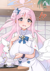 Rule 34 | !?, 1girl, blue archive, blush, breasts, bright pupils, capelet, commentary, embarrassed, feathered wings, hair ornament, halo, highres, large breasts, long bangs, long hair, mika (blue archive), open mouth, pink hair, purple eyes, scrunchie, solo, teapot, tray, wet, white pupils, white wings, wings, wrist scrunchie, yuuichi (reductionblack)