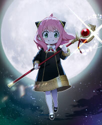 Rule 34 | 1girl, ahoge, anya (spy x family), black dress, black footwear, blush stickers, collared shirt, commentary request, dot nose, dress, eden academy school uniform, floating hair, frieren, full body, full moon, glint, gold trim, green eyes, grin, hairpods, holding, holding staff, long sleeves, looking at viewer, mage staff, mary janes, medium dress, medium hair, moon, neck ribbon, night, nyoro (nyoronyoro000), pantyhose, pink hair, red ribbon, ribbon, scene reference, school uniform, shirt, shoes, short eyebrows, smile, solo, sousou no frieren, spy x family, staff, star (sky), tanezaki atsumi, thick eyebrows, voice actor connection, white pantyhose, white shirt