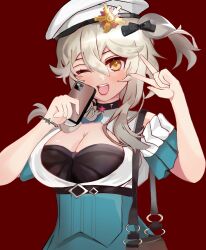 Rule 34 | ;d, absurdres, ahomushi994, bag, black bow, black bra, bow, bra, bracelet, breasts, cellphone, commentary, girls&#039; frontline, hair ornament, handbag, hat, highres, holding, holding phone, jewelry, large breasts, long hair, one eye closed, open mouth, phone, red background, simple background, smartphone, smile, teeth, underwear, upper teeth only, v, white hair, white hat, yellow eyes, zas m76 (girls&#039; frontline)