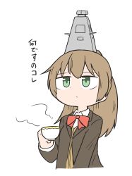 Rule 34 | 1girl, ascot, blazer, brown hair, brown jacket, cheno (amakuchi mustard), commentary, cup, green eyes, highres, holding, holding cup, jacket, japan maritime self-defense force, japan self-defense force, kantai collection, kumano (jmsdf), kumano (kancolle), long hair, looking up, military, name connection, object namesake, object on head, ponytail, school uniform, simple background, solo, steam, teacup, translated, upper body, white background