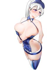 Rule 34 | 1girl, absurdres, areola slip, ass, azur lane, belt, blush, breasts, breasts apart, butt crack, downpants, enterprise (azur lane), enterprise (wind catcher) (azur lane), hair through headwear, highres, large breasts, looking away, looking to the side, microskirt, official alternate costume, ponytail, purple eyes, race queen, revealing clothes, simple background, skirt, solo, thighhighs, white background, white belt, white hair, zuocangdafahao