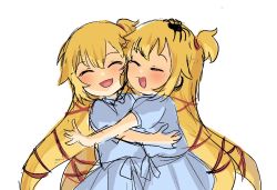 Rule 34 | 2girls, aged down, akai haato, blonde hair, blue dress, blush, bug, child, closed eyes, commentary, dress, dual persona, hair ribbon, himuhino, hololive, hug, long hair, multiple girls, open mouth, ribbon, siblings, simple background, sisters, sketch, smile, spider, the shining, virtual youtuber, white background