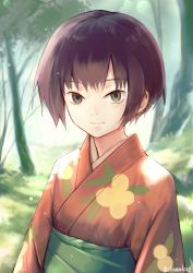 Rule 34 | 1girl, absurdres, bad id, bad pixiv id, chamu (chammkue), closed mouth, day, empty eyes, floral print, grass, green eyes, highres, huge filesize, japanese clothes, kimono, light particles, looking at viewer, mushishi, obi, outdoors, pink kimono, purple hair, renzu (mushishi), sash, short hair, smile, solo, tree, twitter username, upper body