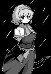 Rule 34 | 1girl, absurdres, alice margatroid, ascot, bois de justice, breasts, capelet, closed mouth, commentary request, cookie (touhou), dies irae, dress, expressionless, feet out of frame, frilled ascot, frilled hairband, frilled sash, frills, greyscale, hair between eyes, hairband, highres, hinase (cookie), jijii (nicoseiga91467756), looking at viewer, medium breasts, monochrome, parody, sash, scotch (cookie) (style), shinza bansho series, short hair, solo, style parody, touhou