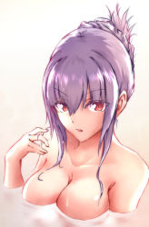 Rule 34 | &gt;:o, 1girl, :o, alternate hairstyle, bath, bathing, breasts, cleavage, collarbone, fate/grand order, fate (series), female focus, floating breasts, folded ponytail, from above, hair between eyes, hair intakes, hand up, highres, large breasts, looking at viewer, looking up, nude, open mouth, purple hair, red eyes, scathach (fate), serious, short hair, short hair with long locks, solo, submerged, tim (timmethod), type-moon, upper body, water, wet, wet hair