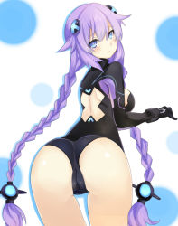 Rule 34 | 10s, 1girl, ass, bent over, blue eyes, blush, bodysuit, braid, breasts, from behind, gloves, hair ornament, hair tubes, leaning, leaning forward, long hair, looking back, mikan no shiru, neptune (neptunia), neptune (series), purple hair, purple heart (neptunia), sideboob, solo, symbol-shaped pupils, twin braids, very long hair