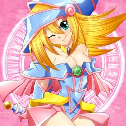 Rule 34 | 1girl, bad id, bad pixiv id, bare shoulders, blonde hair, blush, blush stickers, boots, breasts, choker, cleavage, dark magician girl, detached sleeves, duel monster, green eyes, hat, hexagram, magic circle, minmin-zemi (lover paradox), one eye closed, pentacle, pink background, smile, solo, staff, wand, wink, wizard hat, yu-gi-oh!, yuu-gi-ou, yu-gi-oh! duel monsters