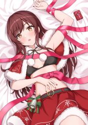 Rule 34 | 1girl, belt, bikini, bikini top only, black bikini, blush, breasts, capelet, christmas, cleavage, from above, fur-trimmed capelet, fur-trimmed skirt, fur trim, gift, heart, heart-shaped pupils, highres, idolmaster, idolmaster shiny colors, long hair, looking at viewer, lying, medium breasts, nail polish, navel, on back, open mouth, osaki amana, red capelet, red hair, red nails, red skirt, ribbon, santa costume, skirt, solo, sorugi park, swept bangs, swimsuit, symbol-shaped pupils, yellow eyes