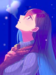 Rule 34 | 1girl, adjusting scarf, breasts, breath, casual, doki doki literature club, from side, grey sweater, hair ornament, hairclip, highres, ktsis, lamppost, long hair, looking up, night, outdoors, parted lips, profile, purple eyes, purple hair, scarf, smoke, solo, sweater, turtleneck, turtleneck sweater, upper body, yuri (doki doki literature club)