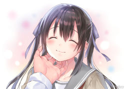 Rule 34 | 1boy, 1girl, :3, blush, closed eyes, closed mouth, collarbone, facing viewer, hair ribbon, hand on another&#039;s chin, hanekoto, headpat, long sleeves, multicolored background, original, pov, purple ribbon, ribbon, school uniform, serafuku, sidelocks, smile, solo focus, stroking another&#039;s chin, twintails, twitter username, upper body