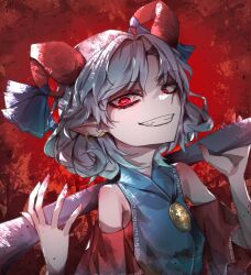Rule 34 | 1girl, 33 gaff, bare shoulders, blue ribbon, commentary, curled horns, ear piercing, grey hair, horn ornament, horn ribbon, horns, looking at viewer, piercing, pointy ears, red background, red eyes, red horns, ribbon, sheep horns, short hair, solo, teeth, touhou, toutetsu yuuma, upper body