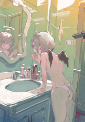 Rule 34 | 1girl, aiming, ass, bare arms, bathroom, blood, blood on arm, blood on hands, blue eyes, breasts, commentary, different reflection, english commentary, grey hair, gun, halo, highres, horns, indoors, mirror, original, panties, parted lips, reflection, short hair, sink, small breasts, solo focus, tail, topless, underwear, weapon, white panties, wings, zygocactus