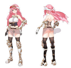 Rule 34 | 1girl, armored boots, ass, backless outfit, bare shoulders, black thighhighs, blue eyes, boots, breasts, character sheet, closed mouth, commentary request, corset, earrings, flower, full body, gauntlets, hair flower, hair ornament, highres, jewelry, karou (circle karouke), large breasts, long hair, looking at viewer, maebari, multiple views, navel, no pants, original, pink hair, poleyn, red flower, revealing clothes, shirt, shoulder blades, simple background, skindentation, smile, standing, thighhighs, thighs, tiara, underbust, vambraces, white background, white shirt