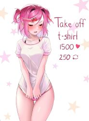 Rule 34 | 1girl, blush, bra strap, breasts, casual, cat symbol, closed eyes, collarbone, commentary, covering privates, covering crotch, cowboy shot, doki doki literature club, embarrassed, english commentary, english text, eyelashes, groin, hair intakes, hair ornament, hair ribbon, highres, like and retweet, lowleg, lowleg panties, machulanko, medium breasts, meme, natsuki (doki doki literature club), no pants, open mouth, panties, pink hair, pink panties, red ribbon, ribbon, shirt, shirt tug, short sleeves, solo, standing, star (symbol), t-shirt, thigh gap, twitter strip game (meme), two side up, underwear, v-shaped eyebrows, v arms, white shirt, x hair ornament