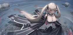 Rule 34 | 1girl, absurdres, azur lane, bare shoulders, black dress, black sleeves, blush, breasts, cleavage, collarbone, detached sleeves, dress, formidable (azur lane), from above, grey hair, hair ornament, hair ribbon, highres, jeze, large breasts, long hair, long sleeves, outdoors, parted lips, red eyes, ribbon, solo, twintails, very long hair, water