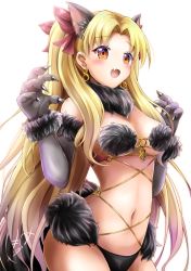 Rule 34 | 1girl, animal ears, blonde hair, blush, breasts, claw pose, cosplay, earrings, elbow gloves, ereshkigal (fate), fate/grand order, fate (series), fur-trimmed gloves, fur collar, fur trim, gloves, gu-rahamu omega x, halloween costume, highres, jewelry, long hair, looking at viewer, mash kyrielight, mash kyrielight (dangerous beast), mash kyrielight (dangerous beast) (cosplay), medium breasts, navel, o-ring, official alternate costume, open mouth, orange eyes, parted bangs, revealing clothes, simple background, smile, tail, two side up, white background, wolf ears, wolf tail