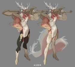 Rule 34 | 1boy, aatrox, absurdres, alternate costume, bara, chinese zodiac, cleavage cutout, clothing cutout, colored skin, concept art, curled horns, demon boy, demon wings, dragon boy, dragon horns, dragon tail, dress, full body, fur-tipped tail, highres, horns, large pectorals, league of legends, male focus, monster boy, multiple views, muscular, muscular male, over shoulder, pectoral cleavage, pectorals, pink skin, standing, sword, sword over shoulder, tachi-e, tail, thick tail, unfinished, weapon, weapon over shoulder, white dress, wings, xkov (cerberuskeeper), year of the dragon