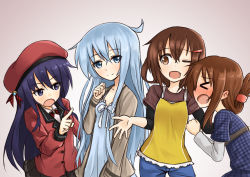 Rule 34 | &gt; &lt;, 10s, 4girls, akatsuki (kancolle), alternate costume, aqua eyes, aqua hair, bad id, bad pixiv id, beret, black skirt, blush, brown eyes, brown hair, camisole, camisole over clothes, casual, coat, denim, denim shorts, dress, closed eyes, fang, folded ponytail, hair ornament, hairclip, hat, hibiki (kancolle), ikazuchi (kancolle), inazuma (kancolle), kantai collection, long hair, looking at viewer, multiple girls, one eye closed, open mouth, pleated skirt, purple eyes, purple hair, short hair, shorts, silent sakia, skirt, smile