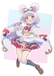 Rule 34 | 1girl, animal, animal ears, black border, black footwear, black socks, blush, bob cut, border, bow, brooch, commentary, covering privates, fake animal ears, frilled skirt, frills, gazacy (dai), granblue fantasy, hair bow, heart, heart brooch, highres, holding, holding animal, jewelry, kneehighs, layered skirt, loafers, long sleeves, looking at viewer, midriff, miniskirt, mouse (animal), mouse ears, open mouth, outline, outside border, pleated skirt, red bow, red eyes, red neckwear, shirt, shoes, silver hair, skirt, smile, socks, solo, standing, standing on one leg, tassel, thigh strap, vikala (granblue fantasy), wavy mouth, white outline, white shirt, white skirt, wide sleeves