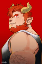 Rule 34 | 1boy, arm hair, bara, bare arms, character request, check copyright, copyright request, daisukebear, demon boy, demon horns, forked eyebrows, from side, hair over one eye, highres, horns, looking at viewer, male focus, mature male, muscular, muscular male, notched ear, orange eyes, orange hair, original, pectorals, pointy ears, seductive smile, short hair, sidepec, smile, solo, swept bangs, tank top, thick eyebrows, white tank top
