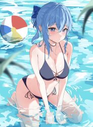 Rule 34 | 1girl, alternate breast size, armpit crease, ball, barefoot, beachball, bikini, blue eyes, blue hair, blush, breasts, cleavage, collarbone, commentary request, crossed bangs, earrings, hair between eyes, highres, hololive, hoshimachi suisei, jewelry, large breasts, legs, long hair, nail polish, navel, nenight, partially submerged, side-tie bikini bottom, sidelocks, sitting, solo, star (symbol), star earrings, star in eye, string bikini, swimsuit, symbol in eye, thigh strap, thighs, toenail polish, toenails, toes, virtual youtuber, wariza, water
