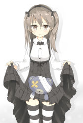Rule 34 | 10s, 1girl, absurdres, boko (girls und panzer), borumete, brown eyes, brown hair, clothes lift, girls und panzer, hair between eyes, hairband, highres, long hair, one side up, ribbon, shimada arisu, shirt, side ponytail, simple background, skirt, skirt lift, smile, solo, striped clothes, striped thighhighs, stuffed animal, stuffed toy, teddy bear, thighhighs, two side up, white background, zettai ryouiki