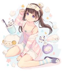 Rule 34 | 1girl, animal, arm up, bare shoulders, between legs, black footwear, blue eyes, blush, breasts, brown hair, brown nails, camisole, cleavage, cloud, collarbone, commentary request, cup, full body, hand between legs, highres, hood, hood down, hooded jacket, jacket, long hair, long sleeves, looking at viewer, mask, mask on head, mug, open clothes, open jacket, original, panda, parted lips, pink camisole, sencha (senta 10), sheep, short shorts, shorts, sleep mask, sleeves past wrists, slippers, small breasts, soap bubbles, socks, solo, star (symbol), striped clothes, striped jacket, striped socks, toothbrush, twintails, white shorts