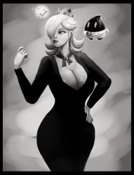 Rule 34 | 1girl, black border, blonde hair, border, breasts, cleavage, crown, earrings, greyscale, hair over one eye, hand on own hip, jewelry, large breasts, luma (mario), mario (series), monochrome, nintendo, outta sync, rosalina, scarf, super mario galaxy, wand