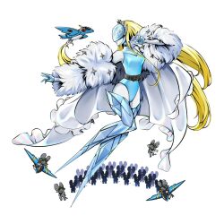 Rule 34 | 1girl, 6+others, belt, bird, blonde hair, blue leotard, boots, breasts, buttons, cendrillmon, coat, colored skin, covered collarbone, curvy, digimon, digimon (creature), floral print, full body, fur coat, fur trim, high heel boots, high heels, highleg, highleg leotard, highres, leotard, long hair, looking to the side, medium breasts, mouse (animal), multiple others, ocarianya, off shoulder, print headwear, print helmet, print leotard, riding, rose print, see-through, see-through leotard, simple background, star (symbol), stitches, stuffed toy, twitter username, very long hair, white background, white coat, white skin, wide hips