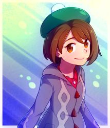 Rule 34 | 1girl, brown eyes, brown hair, commentary, creatures (company), english commentary, game freak, gloria (pokemon), grey jacket, hat, jacket, looking at viewer, nintendo, pokemon, pokemon swsh, pom pom (clothes), short hair, smile, solo, speckticuls, tam o&#039; shanter