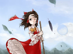 Rule 34 | 1girl, black feathers, bow, broom, brown eyes, brown hair, cloud, day, detached sleeves, feathers, female focus, fenne, hair bow, hakurei reimu, highres, hole, japanese clothes, large bow, miko, one eye closed, petticoat, phenne, sky, solo, touhou, wince, wind, wink