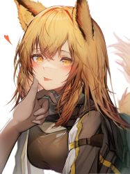 Rule 34 | 1girl, 1other, :p, absurdres, all fours, animal ears, arknights, blonde hair, blush, breasts, ceobe (arknights), dog ears, dog girl, dog tail, fang, hand on another&#039;s face, heart, highres, large breasts, medium breasts, revision, simple background, smile, solo focus, tab head, tail, tongue, tongue out, white background, yellow eyes