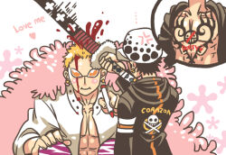 Rule 34 | 2boys, angry, black hair, black jacket, blonde hair, blood, blush, chest tattoo, coat, donquixote doflamingo, drawing, earrings, eguana, english text, hitting, holding, holding sword, holding weapon, jacket, jewelry, long sleeves, marker, multiple boys, one piece, open clothes, pink coat, shirt, short hair, smile, sunglasses, sword, tattoo, trafalgar law, weapon, white headwear, white shirt