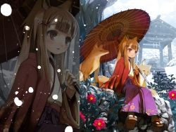 Rule 34 | 1girl, animal ears, brown hair, day, flower, fox, fox ears, fox tail, hair ornament, hairclip, japanese clothes, long hair, looking away, non-web source, oil-paper umbrella, original, outdoors, parasol, red eyes, shiden, sitting, snow, solo, tail, third-party edit, umbrella, wallpaper, zoom layer