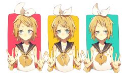 Rule 34 | 1girl, black sailor collar, blonde hair, blue eyes, bow, closed mouth, commentary request, detached sleeves, double v, hair bow, hair ornament, hairclip, kagamine rin, looking at viewer, looking to the side, multiple views, neckerchief, orange neckerchief, sailor collar, shirt, short hair, sideways glance, sleeveless, sumoffu, treble clef, upper body, v, vocaloid, white bow