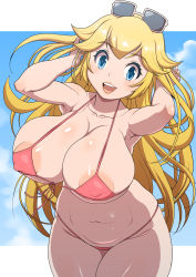 Rule 34 | 1girl, areola slip, armpits, arms up, bikini, blonde hair, blue eyes, breasts, cleavage, collarbone, covered erect nipples, earrings, eyebrows, eyelashes, female focus, glasses on head, highres, jewelry, large breasts, legs together, long hair, looking at viewer, mario (series), micro bikini, midriff, navel, nintendo, oomaeda, open mouth, princess peach, shiny skin, smile, solo, sunglasses, super mario bros. 1, swimsuit, teeth, thick thighs, thighs, upper teeth only
