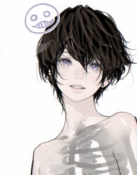 Rule 34 | 1boy, aegyo sal, androgynous, black hair, bone, collarbone, commentary, completely nude, d.k, emil (human) (nier), emil (nier), english commentary, hair between eyes, lips, looking at viewer, male focus, nier, nier (series), nude, purple eyes, ribs, see-through body, short hair, simple background, smile, solo, upper body, white background