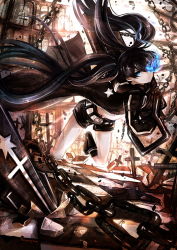 Rule 34 | 10s, 1girl, arm cannon, bad id, bad pixiv id, black hair, black rock shooter, black rock shooter (character), blue eyes, boots, chain, coat, female focus, glowing, glowing eyes, instocklee, long hair, shorts, solo, twintails, weapon