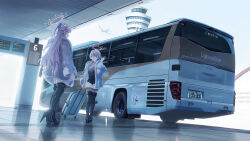 Rule 34 | 2girls, absurdres, aircraft, airplane, airport, black footwear, black shorts, boots, bus, coat, commentary, commission, copyright request, fur coat, halo, highres, holding, holding luggage, license plate, long hair, long sleeves, motor vehicle, multiple girls, open clothes, open coat, outdoors, pink hair, png pant (bus), reflection, rolling suitcase, shirt, shorts, skeb commission, suitcase, thigh boots, translation request, vehicle focus, walking, waving, white coat, white shirt