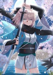 Rule 34 | 1girl, ahoge, arm up, bad id, bad twitter id, black bow, black scarf, black sleeves, blonde hair, blood, blood on clothes, blood on face, bow, cherry blossoms, commentary request, detached sleeves, fate/grand order, fate (series), flower, green eyes, hair between eyes, hair bow, half updo, haori, highres, holding, holding sheath, holding sword, holding weapon, in water, japanese clothes, katana, kazama (akki12), kimono, koha-ace, looking at viewer, moon, night, night sky, obi, okita souji (fate), okita souji (koha-ace), open clothes, outdoors, partially submerged, petals, pink flower, ponytail, sash, scarf, serious, sheath, sheathed, shinsengumi, short hair, short ponytail, sky, sleeveless, sleeveless kimono, solo, sword, thighs, wading, water, weapon, white kimono, wide sleeves