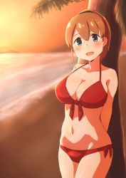 Rule 34 | 1girl, arms behind back, beach, bikini, blue eyes, blush, breasts, brown hair, cleavage, collarbone, cowboy shot, evening, front-tie top, intrepid (kancolle), junes, kantai collection, large breasts, looking at viewer, navel, ocean, open mouth, outdoors, ponytail, red bikini, short hair, side-tie bikini bottom, sky, solo, sunset, swimsuit