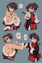 Rule 34 | 2boys, :d, ?, adapted costume, anger vein, bead bracelet, bead necklace, beads, bracelet, braid, chinese clothes, cropped torso, dancing, double v, earrings, facing another, fang, frown, fur trim, hands up, head tilt, heart, hibiki ryouga, highres, index finger raised, index fingers raised, jewelry, koi dance, long hair, long sleeves, looking at viewer, male focus, middle finger, multiple boys, multiple earrings, multiple views, necklace, o-ring, open mouth, outstretched arm, profile, ranma 1/2, reaching, reaching towards viewer, robe, saotome ranma, sash, short hair, single braid, single earring, siyer (siyeyeyeyer), skin fang, smile, spoken heart, spoken question mark, tassel, tassel earrings, toggles, v, yaopei