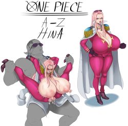 Rule 34 | 1boy, 1girl, absurdres, arms up, ass, breasts, breasts out, clothed sex, clothes, colored skin, cuffs, cum, cum in pussy, ejaculation, grabbing, grey skin, handcuffs, highres, hina (one piece), huge ass, large breasts, leg grab, legs up, long hair, looking at viewer, muscular, muscular male, nipples, one piece, pink hair, pirate, restrained, sex, simple background, spread legs, sunglasses, sunnysundown, white background