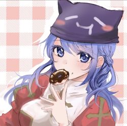 Rule 34 | 1girl, blue eyes, blue hair, blush, braid, breasts, chocolate, closed mouth, cross, deviruchi hat, doughnut, dress, food, food in mouth, french braid, hat, high priest (ragnarok online), juliet sleeves, long hair, long sleeves, looking at viewer, medium breasts, pink background, puffy sleeves, purple hat, ragnarok online, ragnarok origin, red dress, shimako (user jsaa7243), solo, two-tone dress, upper body, white background, white dress