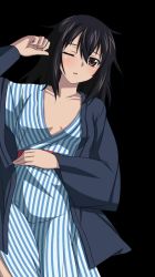 Rule 34 | 10s, 1girl, black hair, bow, breasts, brown eyes, cleavage, collarbone, from above, hair bow, himeragi yukina, japanese clothes, kimono, long hair, lying, on back, one eye closed, parted lips, shiny skin, small breasts, solo, strike the blood, striped clothes, striped kimono, transparent background, yukata