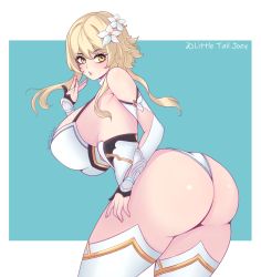 Rule 34 | 1girl, alternate breast size, ass, bare shoulders, blonde hair, blush, breasts, bridal gauntlets, flower, from behind, genshin impact, hair flower, hair ornament, highres, huge ass, large breasts, leaning, leaning forward, leotard, little tail joey, long hair, looking at the side, looking at viewer, lumine (genshin impact), parted lips, shiny skin, sideboob, smile, solo, thick thighs, thighhighs, thighs, yellow eyes