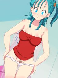 Rule 34 | 1girl, aqua hair, bare arms, bare legs, bare shoulders, bathroom, blue eyes, blush, body blush, breasts, bulma, cleavage, closed mouth, collarbone, dragon ball, dutch angle, engawa suguru, female focus, female pubic hair, groin, hair bobbles, hair ornament, highres, indoors, large breasts, legs, long hair, looking at viewer, neck, no pants, no shorts, panties, panty pull, pubic hair, red tube top, side ponytail, solo, standing, strapless, thighs, toilet, tube top, tube top, underwear, undressing, white panties