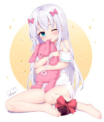 Rule 34 | 1girl, artist name, bad id, bad pixiv id, barefoot, blue eyes, blush, bow, eromanga sensei, fang, gift, hair bow, highres, holding, holding stuffed toy, izumi sagiri, long hair, looking at viewer, nomier, one eye closed, open mouth, pink bow, shirt, solo, stuffed animal, stuffed rabbit, stuffed toy, valentine, white hair, white shirt