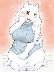 Rule 34 | 1girl, furry, goat, highres, horns, kame (3t), mature female, open mouth, red eyes, sweater, toriel, undertale, white fur